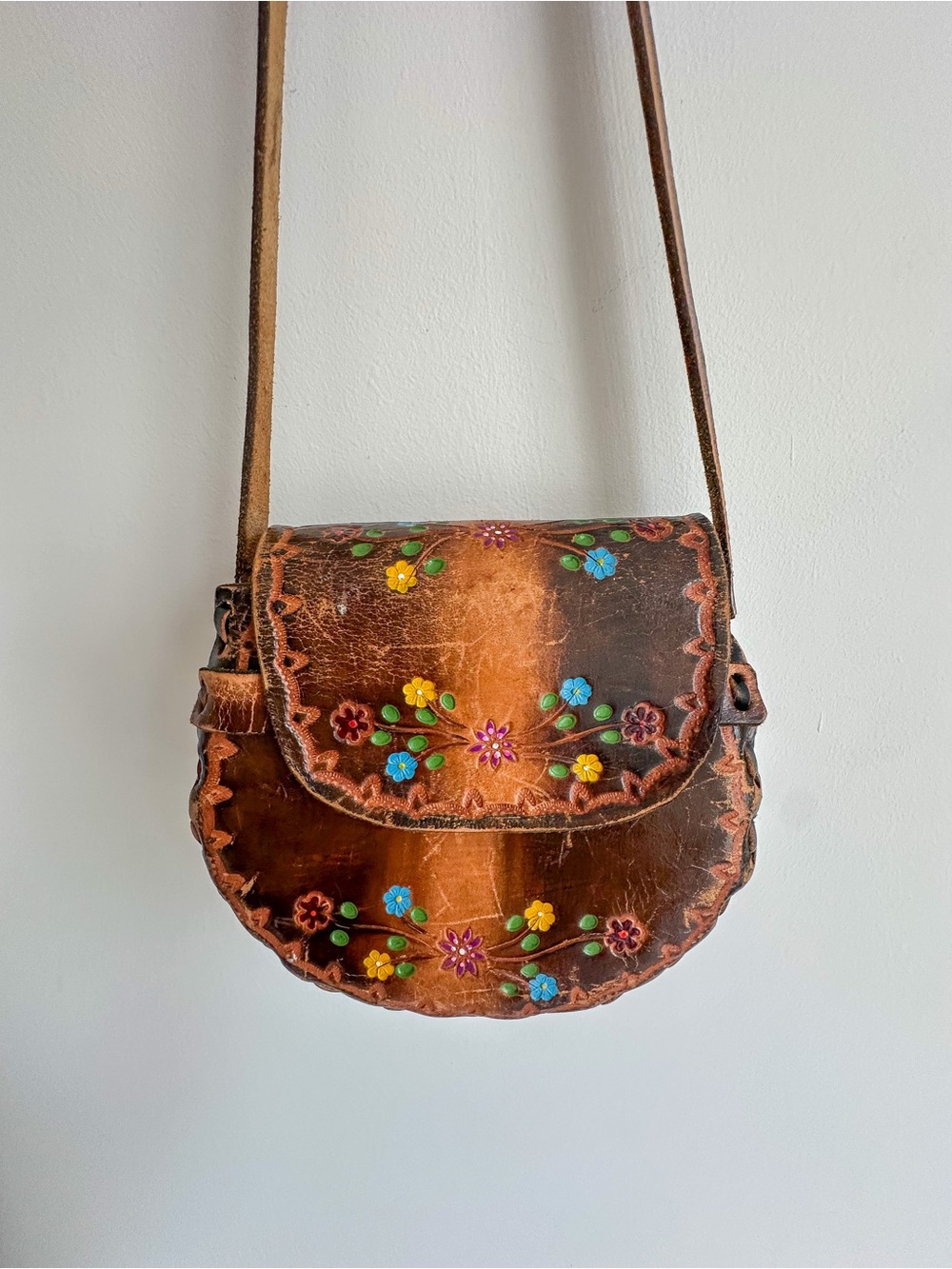 Vintage Leather and Suede Hand Painted Floral Mini Bag